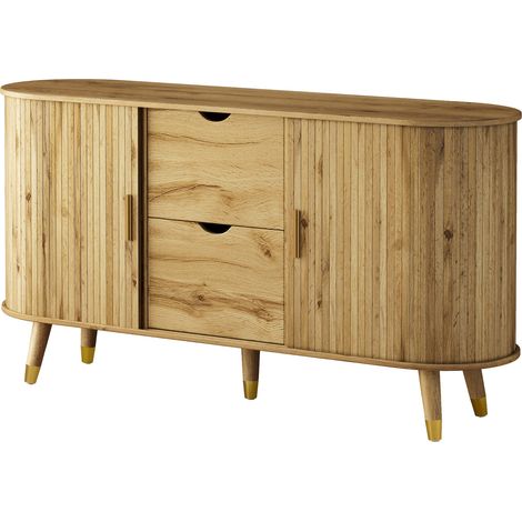 Credenza in MDF effetto legno con 2 cassetti, ripiani aperti e gambe in legno (1/5)