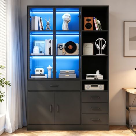 Vitrine bibliothèque - LED - 120x35x200 cm - Rangements, 13 espaces de rangement, 4 tiroirs - Noir (1/5)