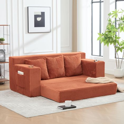 Canapé convertible 2 places en coton et de lin avec porte-gobelets et poches latérales, velours côtelé orange, 172x87x64 cm (1/5)
