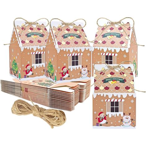 Set di 24 Scatole di Caramelle in Carta Kraft Natalizia, a Forma di Casa con Corda di Canapa, Scatole di Caramelle in Carta di Natale per Decorazioni Festive Natalizie (1/5)