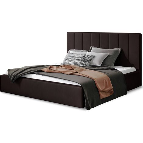 Lit adulte avec coffre de rangement Vareza – Velours matelassé-Marron foncé-160x200 (1/5)