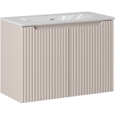 Insieme VANO cachemire e bianco 80cm: mobile sotto lavabo con armadietti a scanalature verticali + lavabo incassato bianco