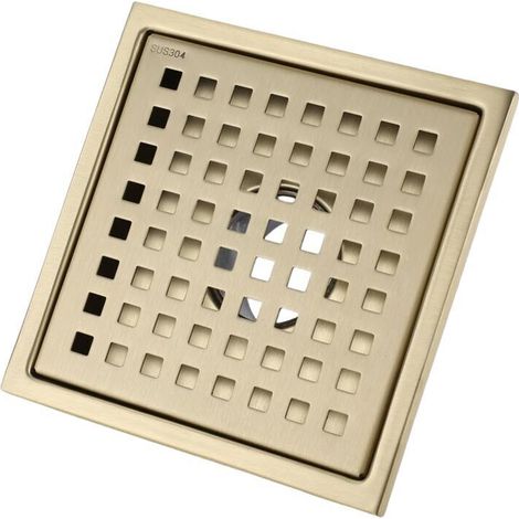 Geräuschloser, quadratischer Duschablauf aus goldfarbenem Edelstahl (15 x 15 cm) mit Ablaufabdeckung, geruchsneutralisierendem Messingeinsatz, gebürstetes Gold (1/4)