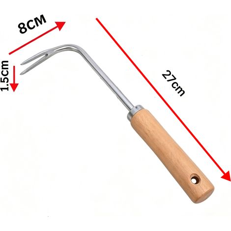 Désherbeur à deux dents coudées — Fourchette à désherber en acier inoxydable à dents courbées et manche en bois