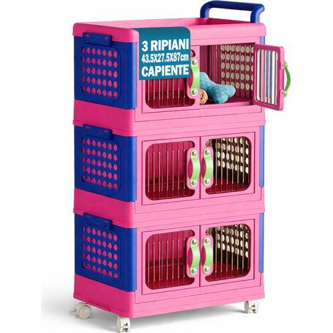 Carrello Portagiochi 3 Livelli Impilabili Contenitore Organizer Apribile e Ruote (1/5)