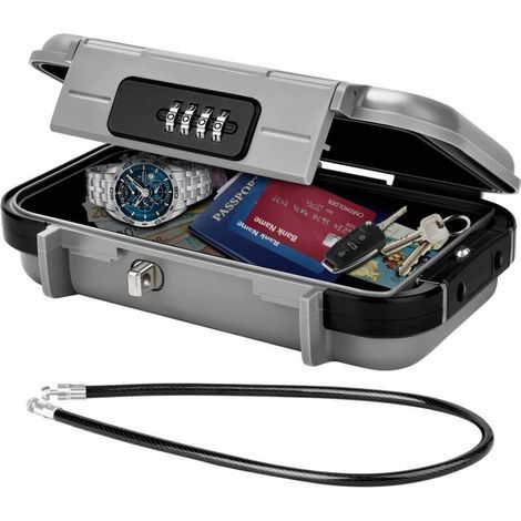 Coffre-fort Portable, Coffre Fort Sécurisé Mini Coffre Fort de Voyage Étanche Antivol avec Câble Métallique, Gris (1/4)