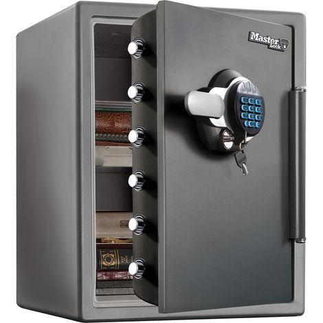 MASTER LOCK Coffre-fort [Ignifuge et Etanche] [XXL 56,6 Litres] [Combinaison Electronique et A Clé] - LTW205GYC - Pour vos documents d'identité, documents A4, ordinateurs portables, bijoux