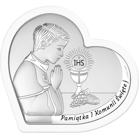 Quadro in argento per bambino. Ricordo della Prima Comunione in cornice bianca, cuore con incisione 6800-OW 9,5 x 9 cm (1/5)