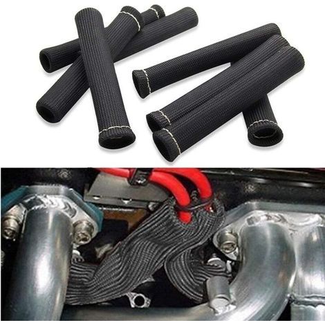 Set di 8 cappucci per cavi candela, guaina protettiva termica, copertura termica per candele resistente al calore fino a 2500 gradi, 6 pollici, per motori SBC BBC 350 454 (Nero) (1/5)