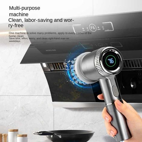 Nettoyeur de sols électrique rotatif, 6 brosses de nettoyage sans fil avec têtes interchangeables, puissant nettoyeur de sols de douche pour salles de bains, baignoires, carrelages et sols. (Gris) (1/5)