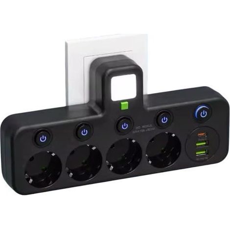 Wandsteckdosenleiste mit 4 EU-Steckdosen, 2 USB-Anschlüssen, 1 Typ-C-Anschluss, Einzelschaltern, Überspannungsschutz (4 Steckdosen + USB, schwarz)