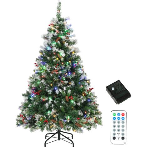 Sapin de Noël artificiel - lumineux et enneigé - télécommande, 11 modes d'éclairage - 553 branches en PVC - 150 cm - vert (1/5)
