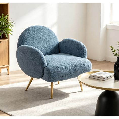 Fauteuil d'appoint sherpa bleu - Fauteuil de salon moderne - Fauteuil confortable en tissu bouclé - Pieds métalliques dorés - Fauteuil déco pour chambre balcon salon (1/5)