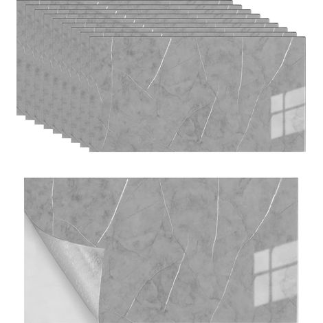 Lot de 10 autocollants pour carrelage - Aspect marbre - 60 x 30 cm - Pour cuisine, mur arrière de cuisine, salle de bain, salon - En marbre - Imperméables - Gris (1/5)