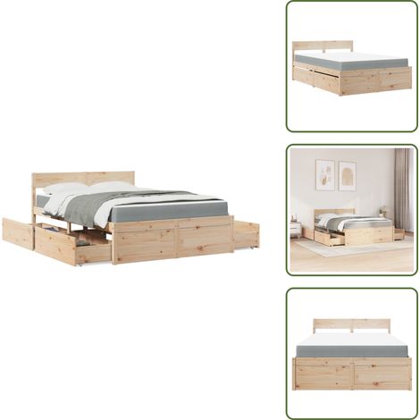 Lit avec tiroirs et matelas 140x190 cm bois massif de pin - Lit Double - Lit Plateforme - Meuble Chambre À Coucher - Sommier Tapissier - Literie