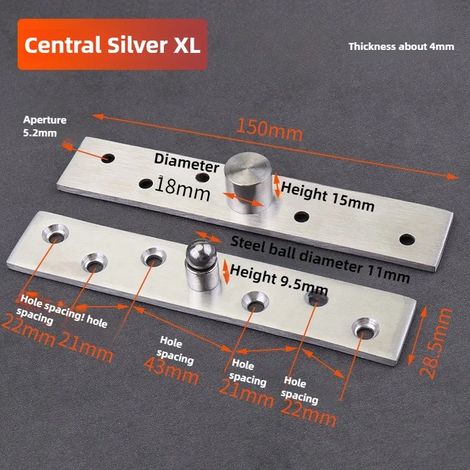 (Central Silver XL) 1 charnière pivotante à 360° en acier inoxydable, axe central et décalé, pour porte en bois. L'axe de rotation est dissimulé. (1/5)