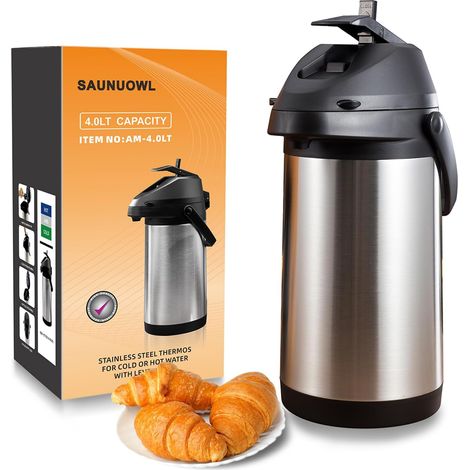 Cafetière thermos isotherme à pompe 4L thermique Bouteille Acier Inoxydable Bouilloires isolées sous vide,Isolation thermique 24 heures,pour bouilloires, théières et cafetières pour garder chaudes (1/5)