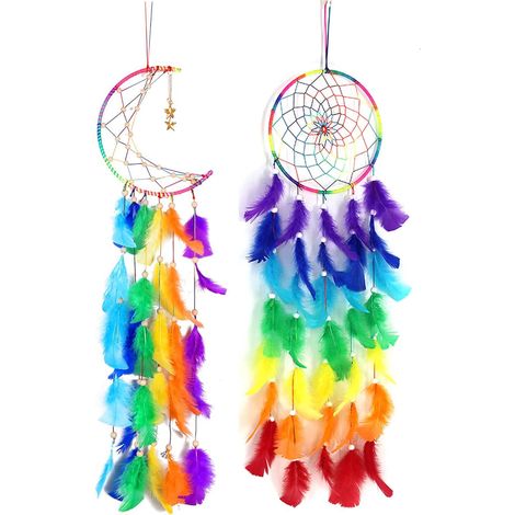 Attrape-rêves artisanal 2 pièces, crochet coloré, plumes décoratives, suspension murale bohème, idéal cadeau, fait main, amérindien, porte-bonheur, décoration chambre. (1/5)