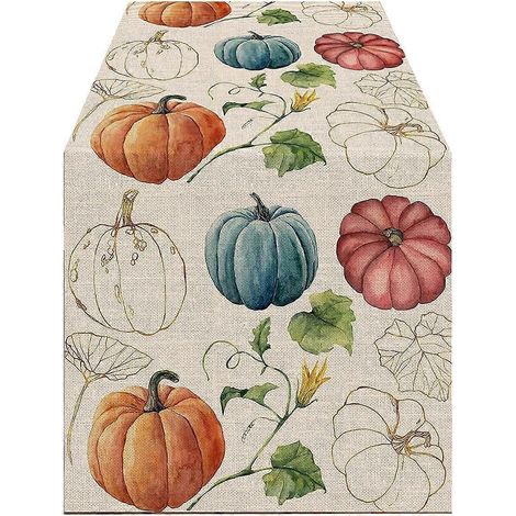 Chemin de table automnal avec citrouilles et feuilles d'eucalyptus, décoration de table pour la cuisine et la salle à manger en intérieur, idéale pour Thanksgiving. (1/5)