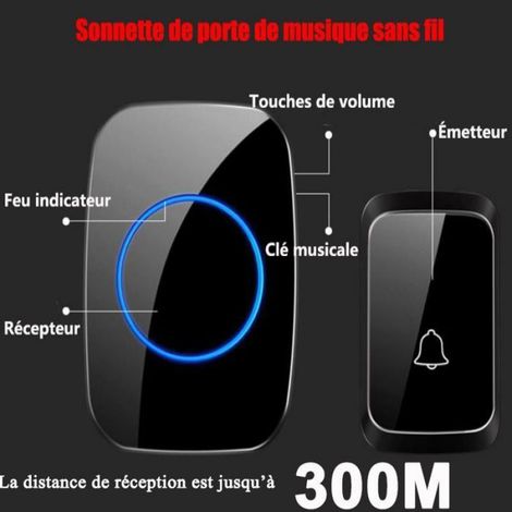 Sonnette Sans Fil Extérieur Étanche IP44 300M - Noir (1/4)