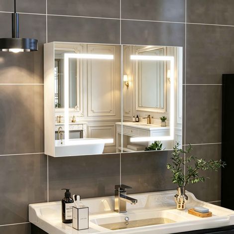 Armoire de toilette avec miroir LED mural - Résistante à l'humidité - Double porte - Étagères en verre trempé réglables