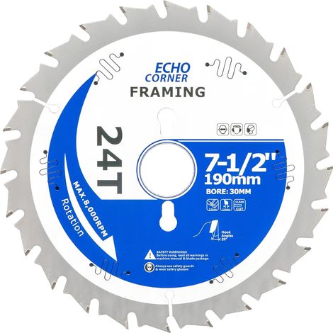 190 mm x 30 mm x 24 Z, Cadre de scie circulaire pour bois à déchirure rapide 190 mm, alésage 30 mm, anneau de 25,4 mm (1/4)
