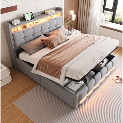 Cama tapizada moderna 160x200 cm gris claro con cabecero con estantes, USB, LED y almacenaje elevable (1/5)