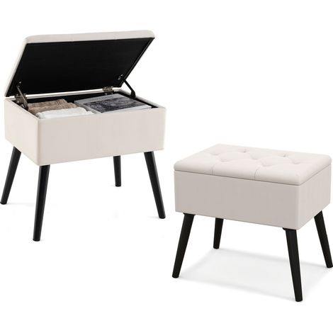 COSTWAY Velvet Storage Ottoman Flip Top Stool w/ Solid Wood Legs-Beige (1/5)