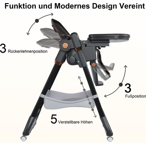 Chaise de repas évolutive bébé 0-6 ans – Siège portable avec ceinture de sécurité, roulettes silencieuses et frein, facile à nettoyer pour usage domestique (Noir) (1/5)