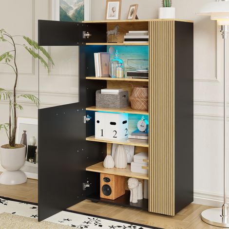 MEUBLIV Armario de almacenaje negro y madera 80x40x146 cm – LED 16 colores, puerta de vidrio (1/5)
