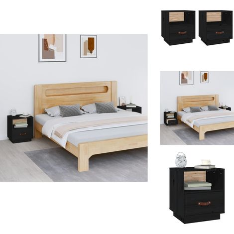Nachttische 2 Stk. Schwarz 40x34x45 cm Massivholz Kiefer - Nachttisch - Massivholzmöbel - Kiefernholz Möbel - Schwarze Möbel - Wohnzimmermöbel (1/5)