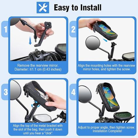 Support Telephone Moto Etanche, Support Téléphone Moto Rétroviseur 360° Rotation avec Ecran Tactile Porte Telephone Scooter pour Téléphone Jusqu' à 7,2" (Noir) (1/4)