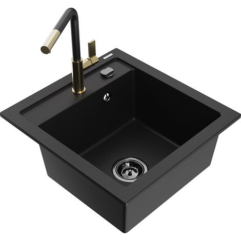 Mexen Vito 1-Becken-Granit-Spüle mit Mischbatterie Flora, Schwarz - 6503-77-670401-57-B