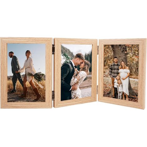 Cadre 3 Photos, Cadre Photo Pliable en Bois, Cadres Photo Multiples 15x10 cm, Cadres Collage Triptyque avec Charnière pour Maison, Bureau, Mariage, Décoration Intérieure, Cadeau pour Famille et Amis (1/5)