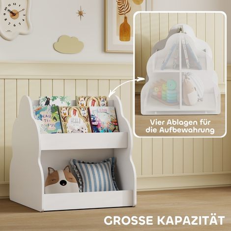 Bibliothèque enfant sur roulettes, 2 niveaux, 4 étagères, meuble de rangement blanc pour chambre ou salle de jeux, 54x50x56 cm, idéal livre et jouets (1/5)