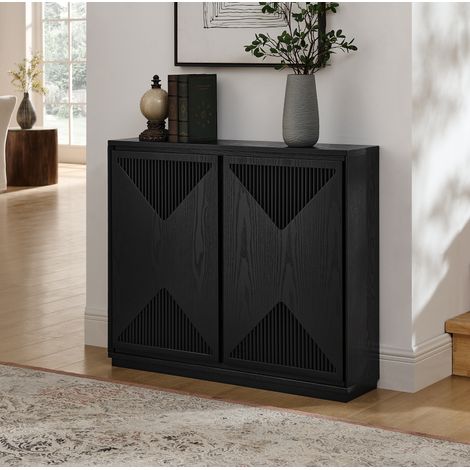 Buffet étroit style Mid-Century avec rangement, façade rainurée en V, meuble pour salon ou entrée, noir (1/5)