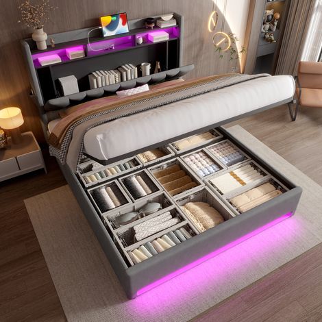 Cama 140x200 cm tapizada en terciopelo gris oscuro con cabecero con almacenaje, LED, USB-C y arcón bajo cama (1/5)