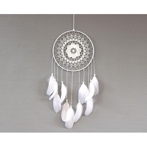 Attrape-rêves noir avec perles et plumes, décoration murale pour maison, voiture ou chambre, diamètre 20,5 cm, blanc, artisanat bohème. (1/5)