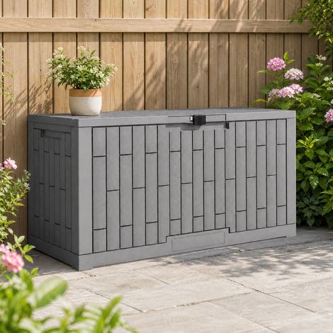 Coffre de Rangement Extérieur 379 L Verrouillable avec Vérin à Gaz, Aspect Bois, 122,5x56x62cm, Gris (1/5)