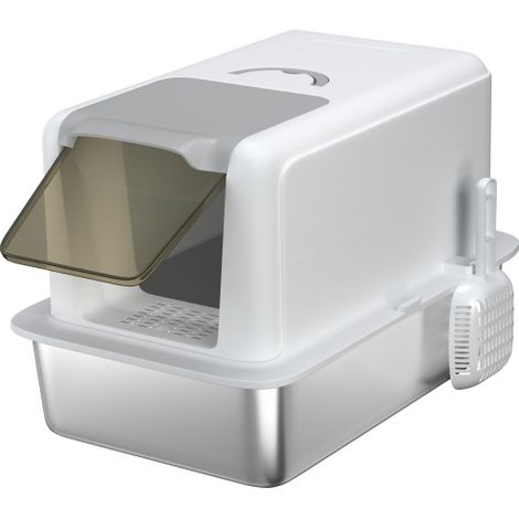 Lettiera con coperchio, vassoio in acciaio inox, filtro per lettiera integrato, paletta inclusa, adatta a gatti di peso non superiore a 6 kg, colore bianco, acquistabile di persona. (1/5)