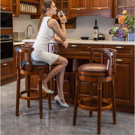 Lot de 2 chaises de bar pivotantes 360° avec dossier, hauteur réglable, en cuir marron, pour cuisine, salle à manger et bar (1/5)