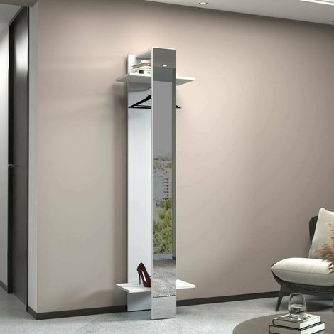 Dmora - Mueble de entrada Violantino, Armario multifuncional, Perchero de pared con espejo, 50x35h190 cm, Blanco, con embalaje reforzado (1/5)