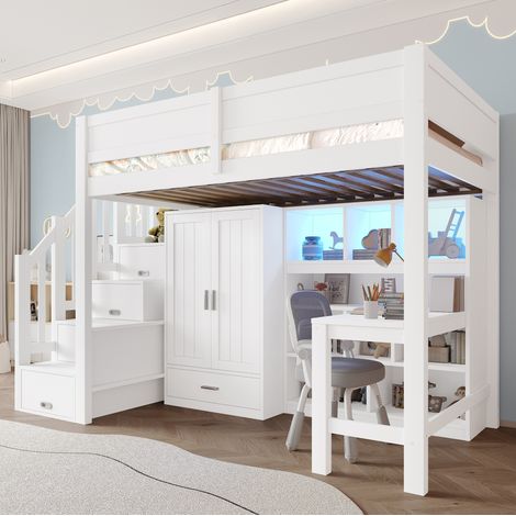 lit chambre adulte 90x200 rangement bureau bois blanc OKMYHOME (1/5)