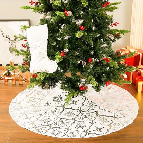 Round Christmas Tree Base Skirt Xmas Ornament with Stocking, White (1/5)