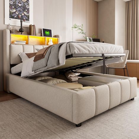 Lit rembourré 90x200cm avec éclairage LED et port USB, tête de lit avec étagères et espace de rangement, système de rangement hydraulique, lit simple enfant, lin beige, garantie 2 ans (1/5)