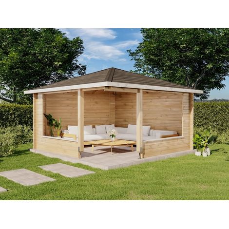 Alpholz – Tonnelle pentagonale 415x415 cm – Toit en bois massif – Hauteur 279 cm – Surface utile 14,5 m² – Baguettes anti-tempête incluses