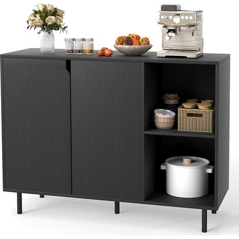 Buffet Cuisine, 2 Portes, Commode Blanc 2 Compartiments, Étagères Réglables, Kit Anti-basculement,Pour Salle à Manger, Entrée, Noir (1/5)