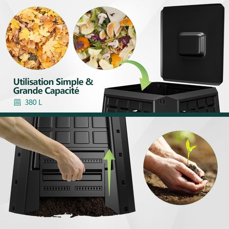 Composteur de jardin noir en PP 380 L avec couvercle, aérations réglables et trappes coulissantes pour jardin, terrasse et potager (1/5)