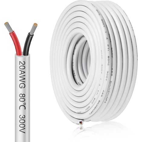 Câble électrique 2 x 0,5 mm² - 6,1 m - 20 AWG - Câble de terre à 2 fils - 5 V/12 V/24 V - Blanc - Câble de terre en cuivre étamé - 300 V - Flexible et souple - Résistance aux températures élevées (1/5)