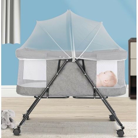 Berceau Bébé Pliable Lit Bébé Portable de Voyage Avec Moustiquaire + Roue Universelle de 0-2 Ans 60KG 1069255cm Gris (1/5)
